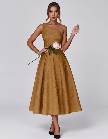 Jacquard Sleeveless One Shoulder A-Line Midi Dress for Party, Cocktail, Evening, Wedding Guest, Summer Formal Events and Cele | SKU: VD-847392615028471-BURNTORANGE-L,VD-847392615028471-BURNTORANGE-M,VD-847392615028471-BURNTORANGE-S,VD-847392615028471-BURNTORANGE-XL,VD-847392615028471-BURNTORANGE-XS