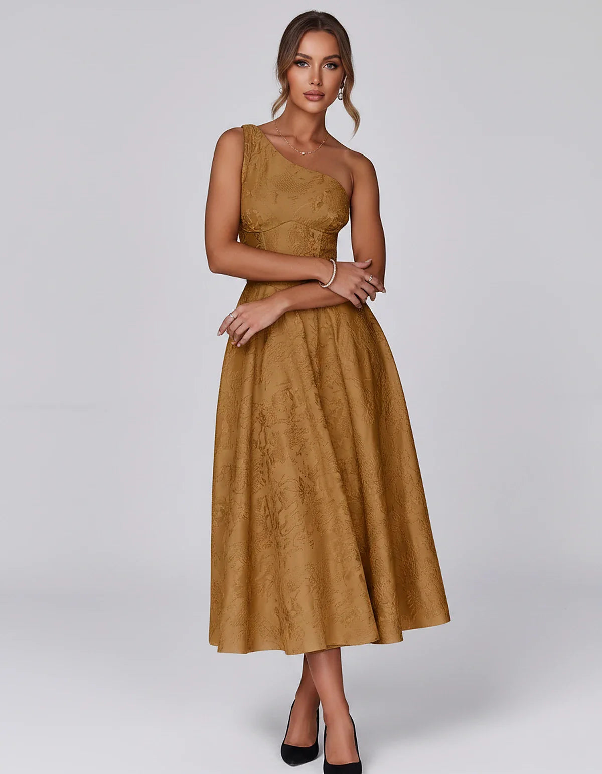 Jacquard Sleeveless One Shoulder A-Line Midi Dress for Party, Cocktail, Evening, Wedding Guest, Summer Formal Events and Cele | SKU: VD-847392615028471-BURNTORANGE-L,VD-847392615028471-BURNTORANGE-M,VD-847392615028471-BURNTORANGE-S,VD-847392615028471-BURNTORANGE-XL,VD-847392615028471-BURNTORANGE-XS