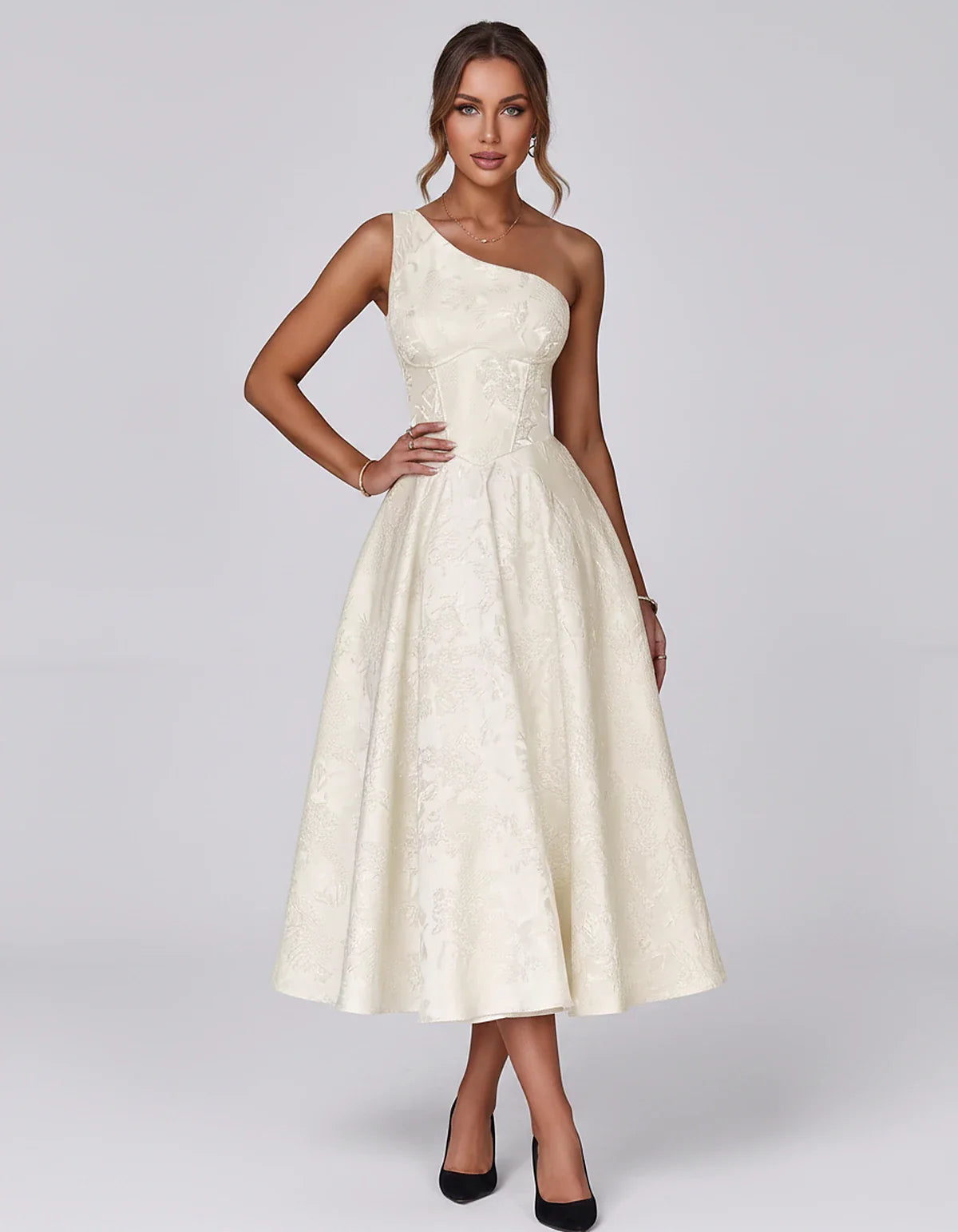 Jacquard Sleeveless One Shoulder A-Line Midi Dress for Party, Cocktail, Evening, Wedding Guest, Summer Formal Events and Cele | SKU: VD-847392615028471-IVORY-L,VD-847392615028471-IVORY-M,VD-847392615028471-IVORY-S,VD-847392615028471-IVORY-XL,VD-847392615028471-IVORY-XS