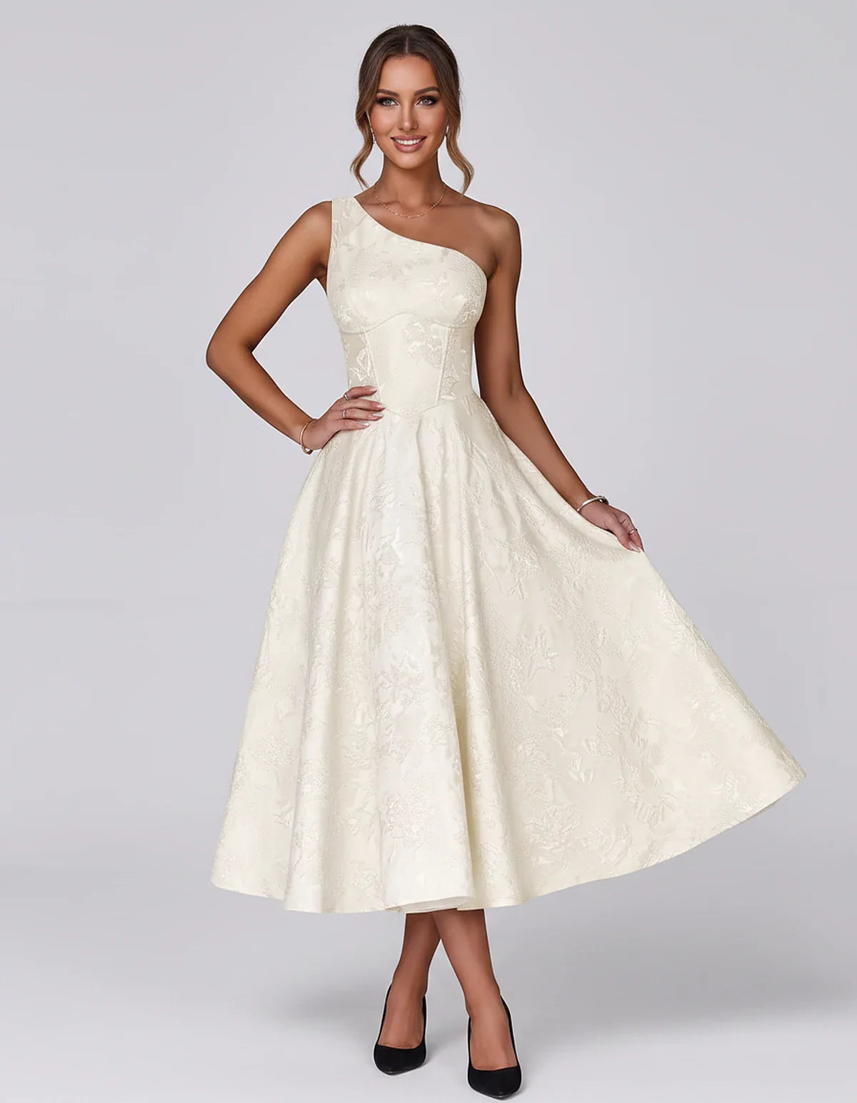 Jacquard Sleeveless One Shoulder A-Line Midi Dress for Party, Cocktail, Evening, Wedding Guest, Summer Formal Events and Cele | SKU: VD-847392615028471-IVORY-L,VD-847392615028471-IVORY-M,VD-847392615028471-IVORY-S,VD-847392615028471-IVORY-XL,VD-847392615028471-IVORY-XS