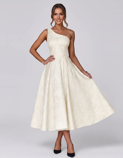 Jacquard Sleeveless One Shoulder A-Line Midi Dress for Party, Cocktail, Evening, Wedding Guest, Summer Formal Events and Cele | SKU: VD-847392615028471-IVORY-L,VD-847392615028471-IVORY-M,VD-847392615028471-IVORY-S,VD-847392615028471-IVORY-XL,VD-847392615028471-IVORY-XS
