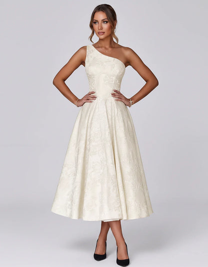 Jacquard Sleeveless One Shoulder A-Line Midi Dress for Party, Cocktail, Evening, Wedding Guest, Summer Formal Events and Cele | SKU: VD-847392615028471-IVORY-L,VD-847392615028471-IVORY-M,VD-847392615028471-IVORY-S,VD-847392615028471-IVORY-XL,VD-847392615028471-IVORY-XS
