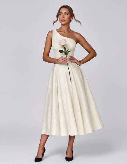 Jacquard Sleeveless One Shoulder A-Line Midi Dress for Party, Cocktail, Evening, Wedding Guest, Summer Formal Events and Cele | SKU: VD-847392615028471-IVORY-L,VD-847392615028471-IVORY-M,VD-847392615028471-IVORY-S,VD-847392615028471-IVORY-XL,VD-847392615028471-IVORY-XS