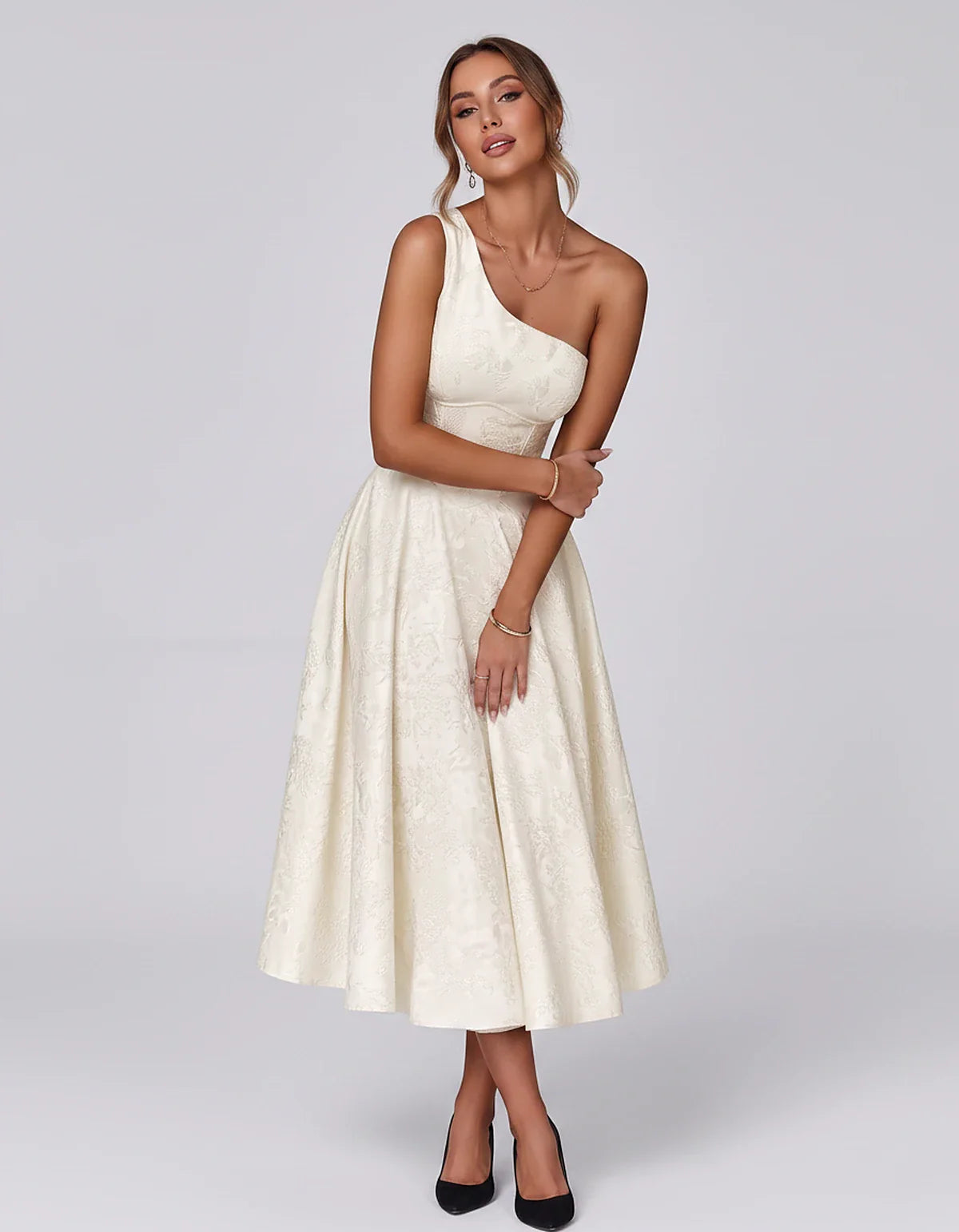 Jacquard Sleeveless One Shoulder A-Line Midi Dress for Party, Cocktail, Evening, Wedding Guest, Summer Formal Events and Cele | SKU: VD-847392615028471-IVORY-L,VD-847392615028471-IVORY-M,VD-847392615028471-IVORY-S,VD-847392615028471-IVORY-XL,VD-847392615028471-IVORY-XS