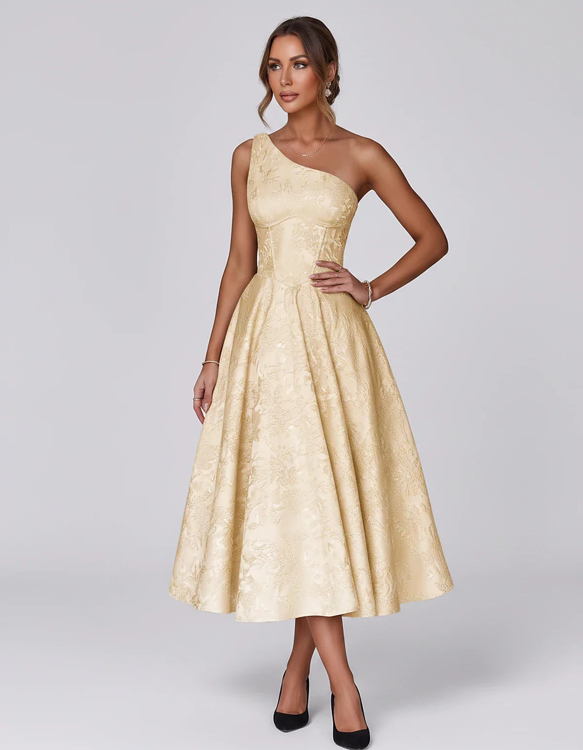 Jacquard Sleeveless One Shoulder A-Line Midi Dress for Party, Cocktail, Evening, Wedding Guest, Summer Formal Events and Cele | SKU: VD-847392615028471-CHAMPAGNE-L,VD-847392615028471-CHAMPAGNE-M,VD-847392615028471-CHAMPAGNE-S,VD-847392615028471-CHAMPAGNE-XL,VD-847392615028471-CHAMPAGNE-XS