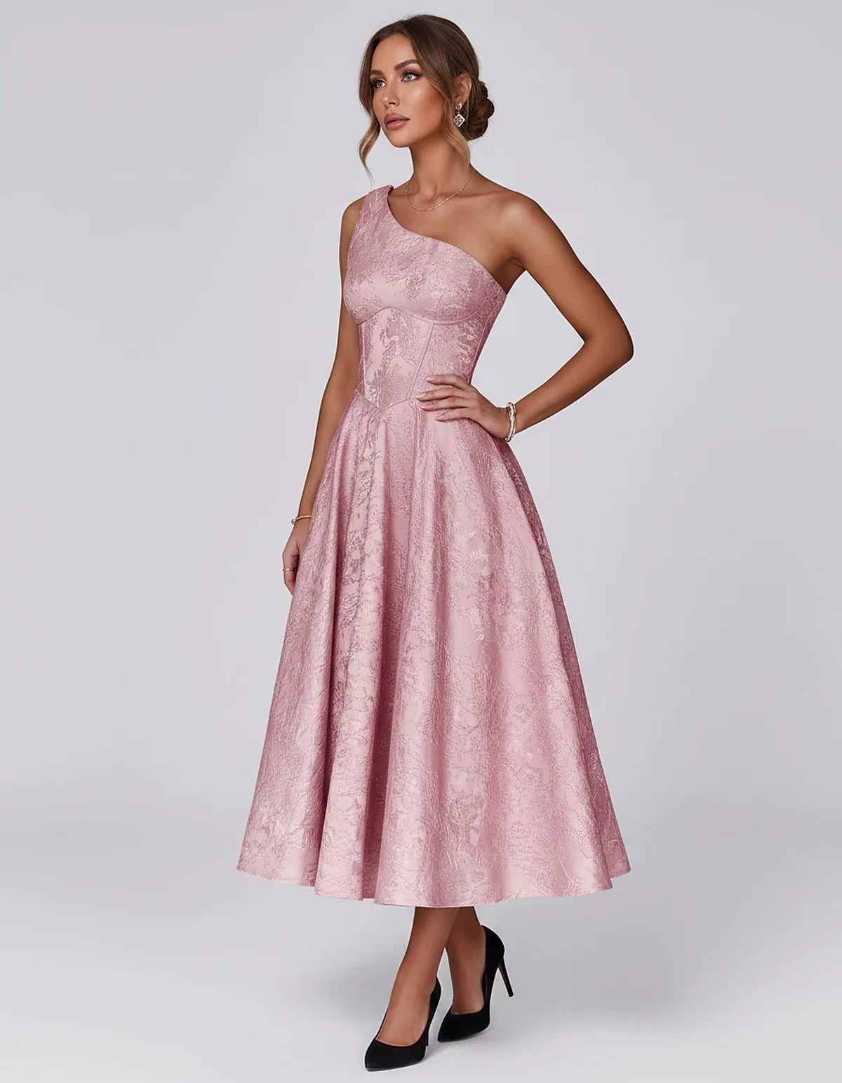 Jacquard Sleeveless One Shoulder A-Line Midi Dress for Party, Cocktail, Evening, Wedding Guest, Summer Formal Events and Cele | SKU: VD-847392615028471-BLUSH-L,VD-847392615028471-BLUSH-M,VD-847392615028471-BLUSH-S,VD-847392615028471-BLUSH-XL,VD-847392615028471-BLUSH-XS
