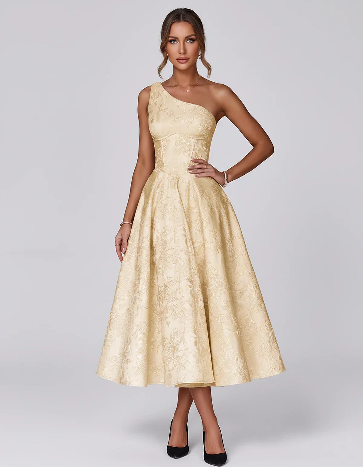 Jacquard Sleeveless One Shoulder A-Line Midi Dress for Party, Cocktail, Evening, Wedding Guest, Summer Formal Events and Cele | SKU: VD-847392615028471-CHAMPAGNE-L,VD-847392615028471-CHAMPAGNE-M,VD-847392615028471-CHAMPAGNE-S,VD-847392615028471-CHAMPAGNE-XL,VD-847392615028471-CHAMPAGNE-XS