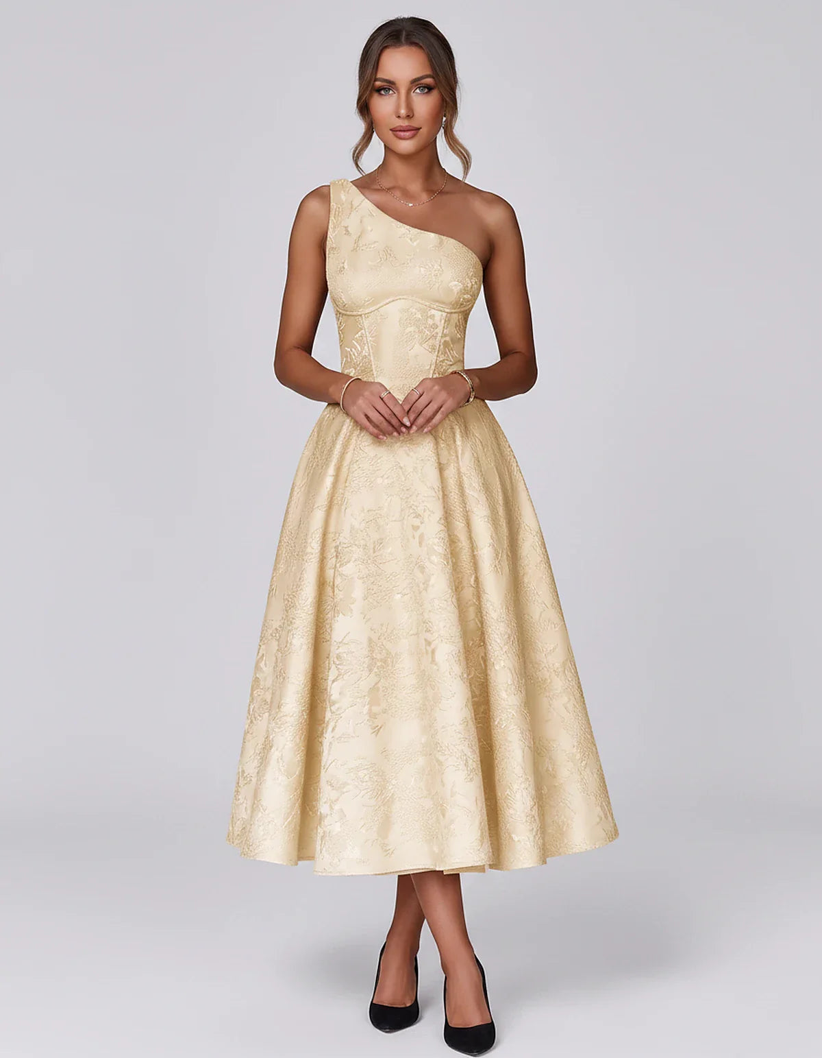 Jacquard Sleeveless One Shoulder A-Line Midi Dress for Party, Cocktail, Evening, Wedding Guest, Summer Formal Events and Cele | SKU: VD-847392615028471-CHAMPAGNE-L,VD-847392615028471-CHAMPAGNE-M,VD-847392615028471-CHAMPAGNE-S,VD-847392615028471-CHAMPAGNE-XL,VD-847392615028471-CHAMPAGNE-XS
