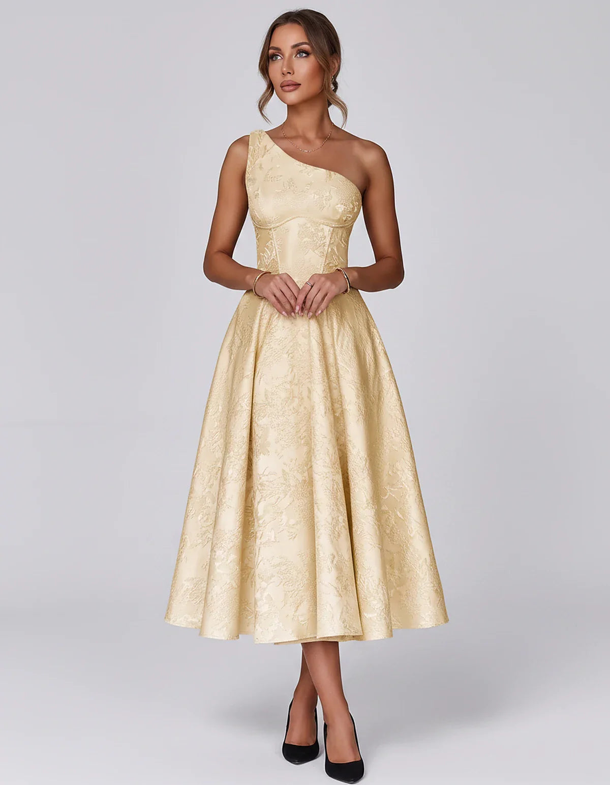 Jacquard Sleeveless One Shoulder A-Line Midi Dress for Party, Cocktail, Evening, Wedding Guest, Summer Formal Events and Cele | SKU: VD-847392615028471-CHAMPAGNE-L,VD-847392615028471-CHAMPAGNE-M,VD-847392615028471-CHAMPAGNE-S,VD-847392615028471-CHAMPAGNE-XL,VD-847392615028471-CHAMPAGNE-XS