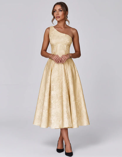 Jacquard Sleeveless One Shoulder A-Line Midi Dress for Party, Cocktail, Evening, Wedding Guest, Summer Formal Events and Cele | SKU: VD-847392615028471-CHAMPAGNE-L,VD-847392615028471-CHAMPAGNE-M,VD-847392615028471-CHAMPAGNE-S,VD-847392615028471-CHAMPAGNE-XL,VD-847392615028471-CHAMPAGNE-XS