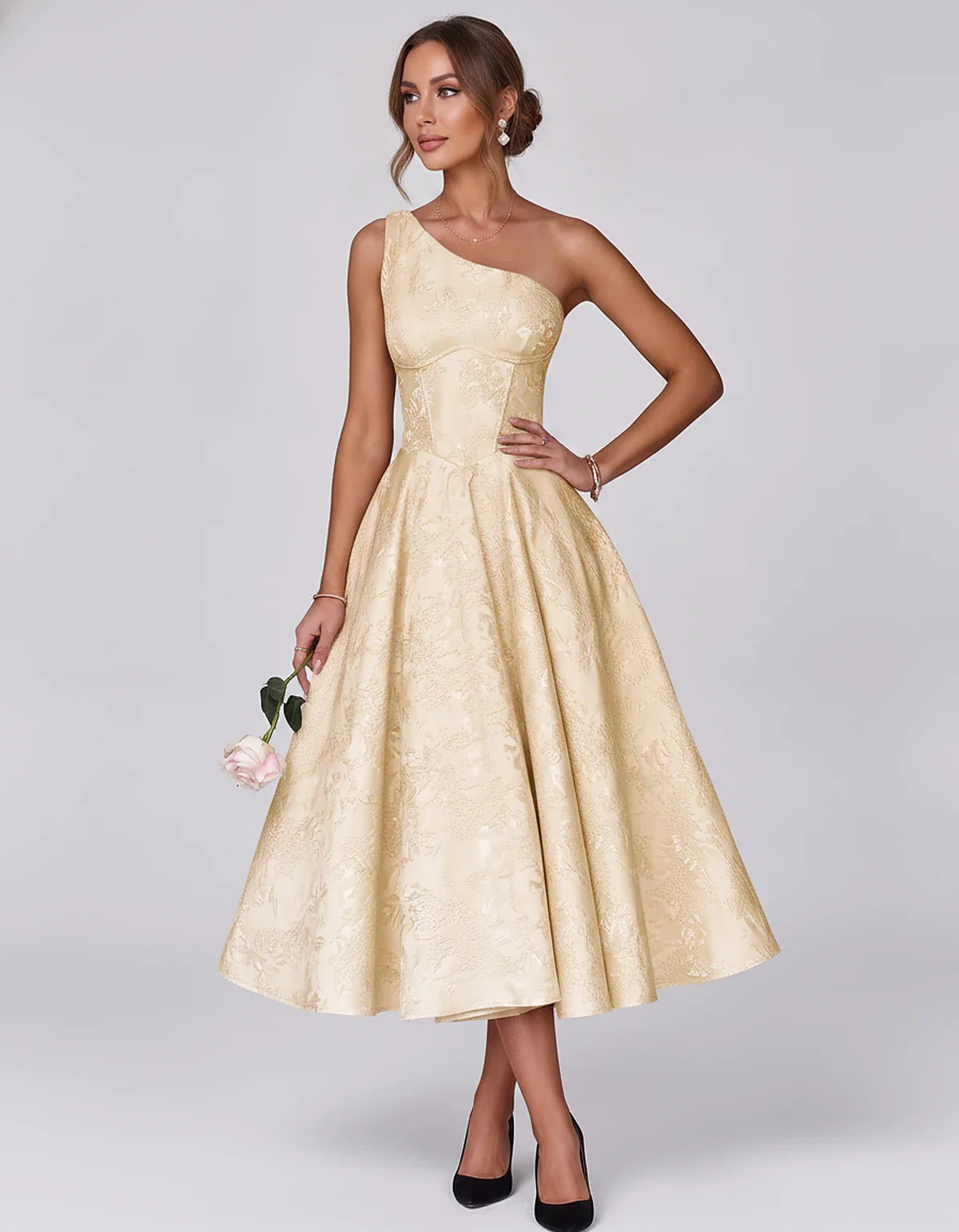 Jacquard Sleeveless One Shoulder A-Line Midi Dress for Party, Cocktail, Evening, Wedding Guest, Summer Formal Events and Cele | SKU: VD-847392615028471-CHAMPAGNE-L,VD-847392615028471-CHAMPAGNE-M,VD-847392615028471-CHAMPAGNE-S,VD-847392615028471-CHAMPAGNE-XL,VD-847392615028471-CHAMPAGNE-XS