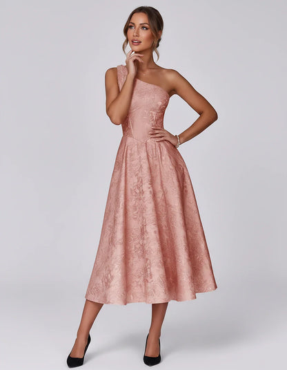 Jacquard Sleeveless One Shoulder A-Line Midi Dress for Party, Cocktail, Evening, Wedding Guest, Summer Formal Events and Cele | SKU: VD-847392615028471-CORAL-L,VD-847392615028471-CORAL-M,VD-847392615028471-CORAL-S,VD-847392615028471-CORAL-XL,VD-847392615028471-CORAL-XS