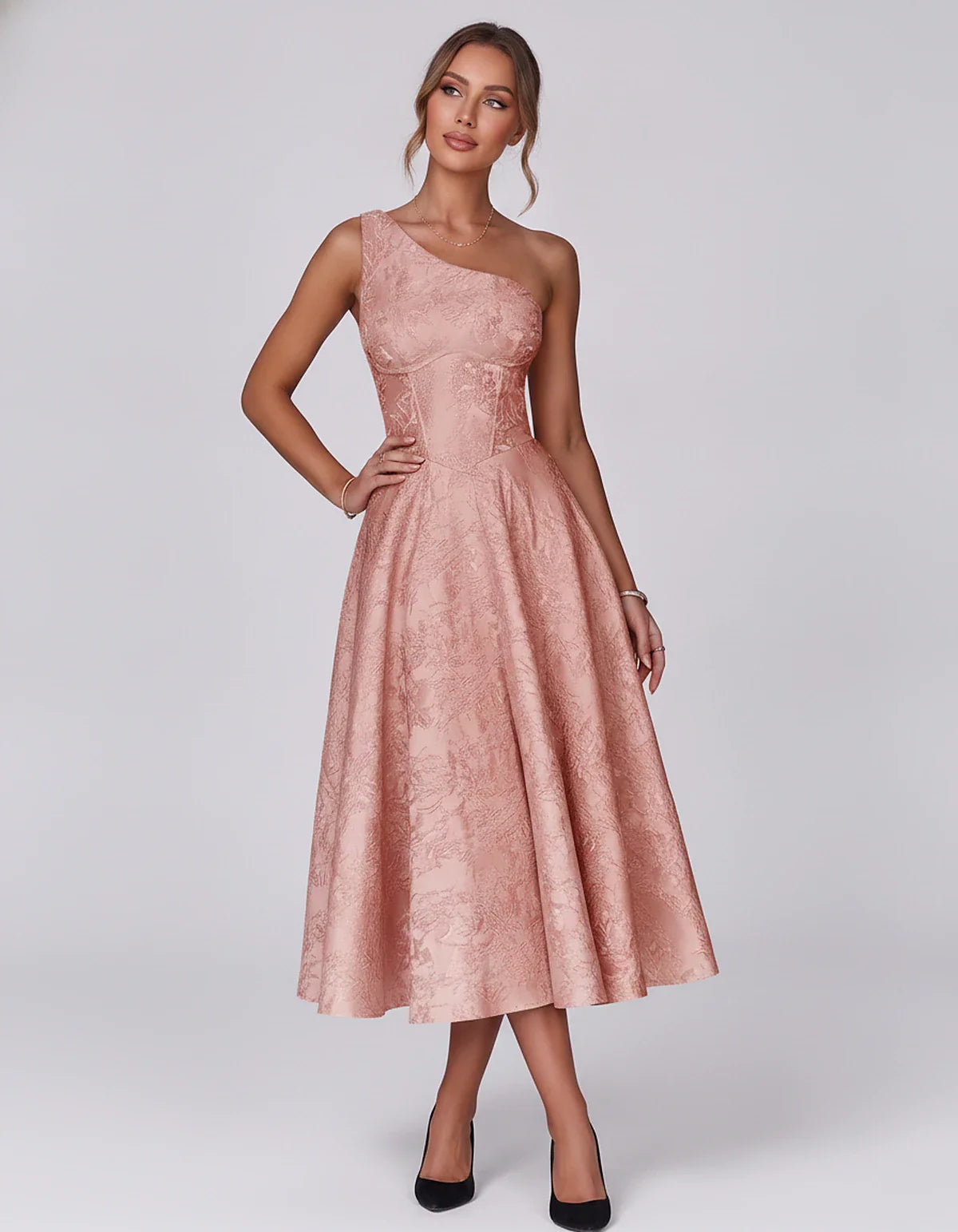 Jacquard Sleeveless One Shoulder A-Line Midi Dress for Party, Cocktail, Evening, Wedding Guest, Summer Formal Events and Cele | SKU: VD-847392615028471-CORAL-L,VD-847392615028471-CORAL-M,VD-847392615028471-CORAL-S,VD-847392615028471-CORAL-XL,VD-847392615028471-CORAL-XS