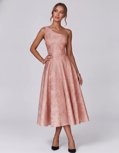 Jacquard Sleeveless One Shoulder A-Line Midi Dress for Party, Cocktail, Evening, Wedding Guest, Summer Formal Events and Cele | SKU: VD-847392615028471-CORAL-L,VD-847392615028471-CORAL-M,VD-847392615028471-CORAL-S,VD-847392615028471-CORAL-XL,VD-847392615028471-CORAL-XS