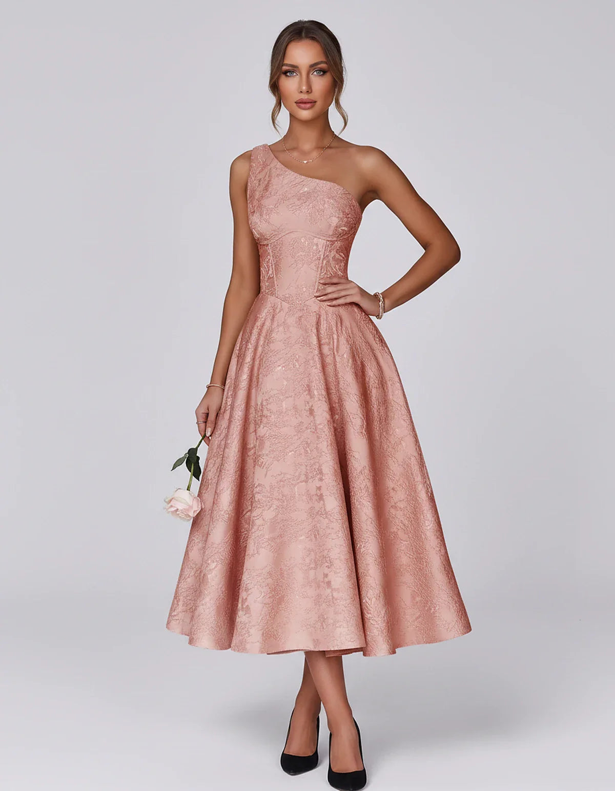 Jacquard Sleeveless One Shoulder A-Line Midi Dress for Party, Cocktail, Evening, Wedding Guest, Summer Formal Events and Cele | SKU: VD-847392615028471-CORAL-L,VD-847392615028471-CORAL-M,VD-847392615028471-CORAL-S,VD-847392615028471-CORAL-XL,VD-847392615028471-CORAL-XS