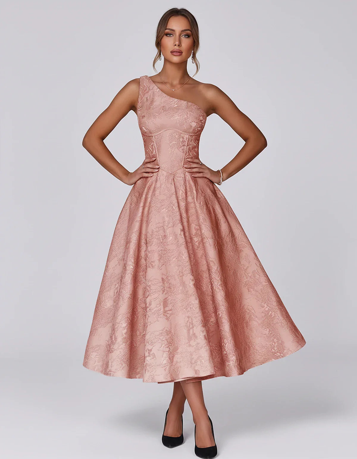 Jacquard Sleeveless One Shoulder A-Line Midi Dress for Party, Cocktail, Evening, Wedding Guest, Summer Formal Events and Cele | SKU: VD-847392615028471-CORAL-L,VD-847392615028471-CORAL-M,VD-847392615028471-CORAL-S,VD-847392615028471-CORAL-XL,VD-847392615028471-CORAL-XS