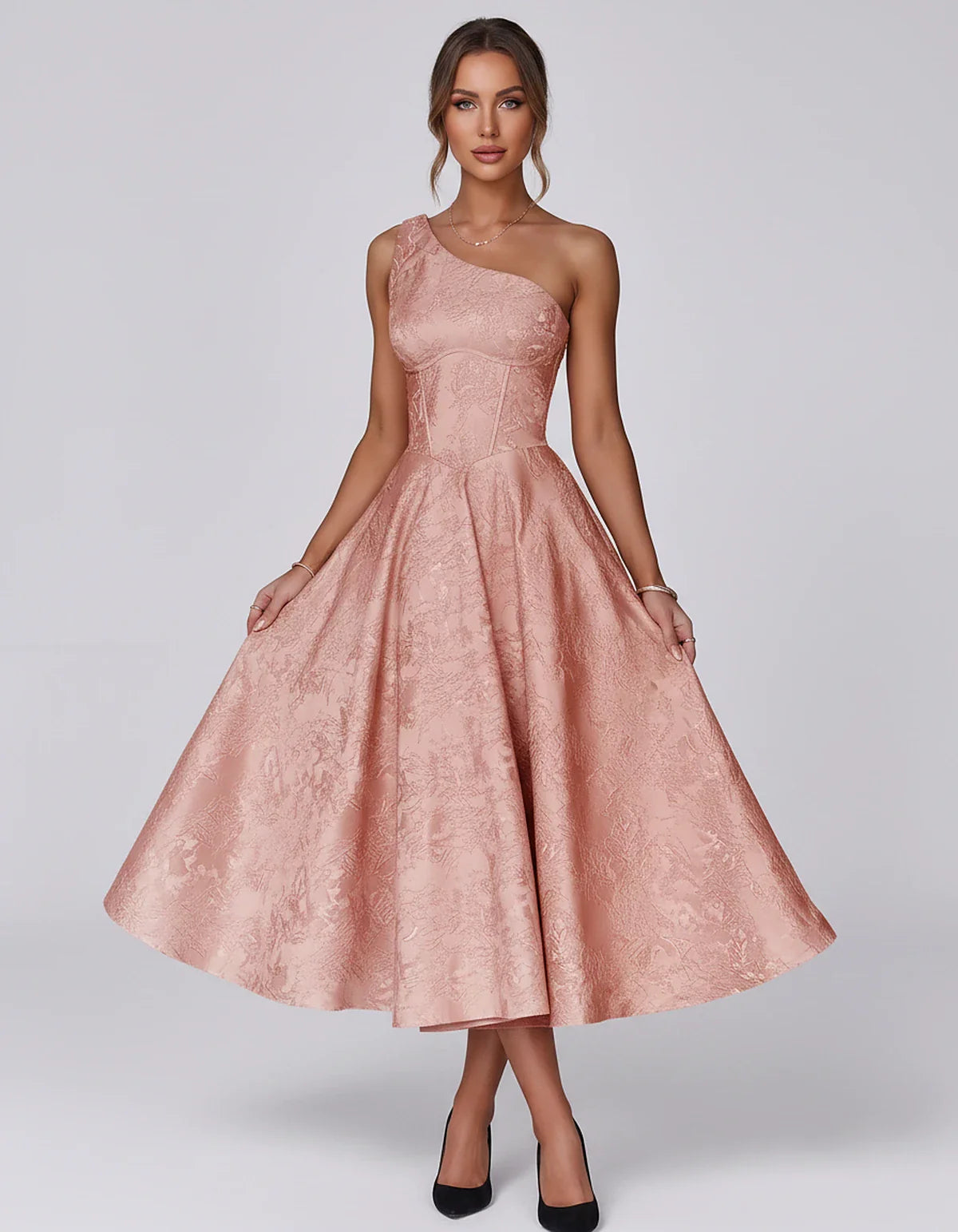 Jacquard Sleeveless One Shoulder A-Line Midi Dress for Party, Cocktail, Evening, Wedding Guest, Summer Formal Events and Cele | SKU: VD-847392615028471-CORAL-L,VD-847392615028471-CORAL-M,VD-847392615028471-CORAL-S,VD-847392615028471-CORAL-XL,VD-847392615028471-CORAL-XS