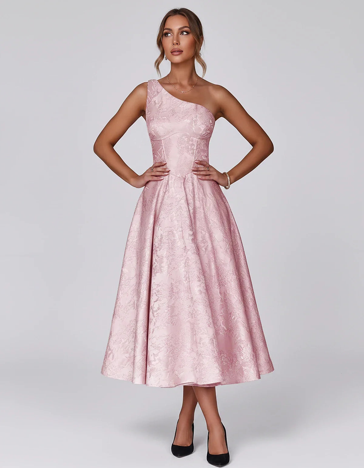 Jacquard Sleeveless One Shoulder A-Line Midi Dress for Party, Cocktail, Evening, Wedding Guest, Summer Formal Events and Cele | SKU: VD-847392615028471-PINK-L,VD-847392615028471-PINK-M,VD-847392615028471-PINK-S,VD-847392615028471-PINK-XL,VD-847392615028471-PINK-XS
