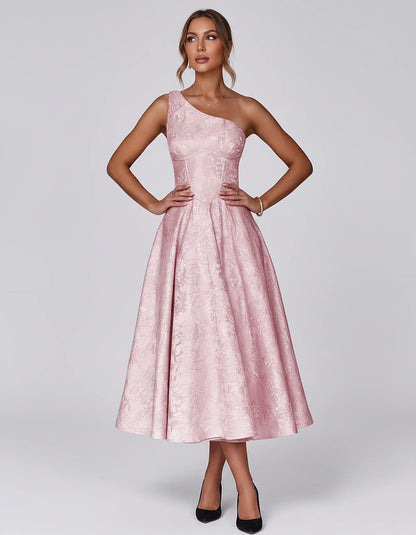 Jacquard Sleeveless One Shoulder A-Line Midi Dress for Party, Cocktail, Evening, Wedding Guest, Summer Formal Events and Cele | SKU: VD-847392615028471-PINK-L,VD-847392615028471-PINK-M,VD-847392615028471-PINK-S,VD-847392615028471-PINK-XL,VD-847392615028471-PINK-XS