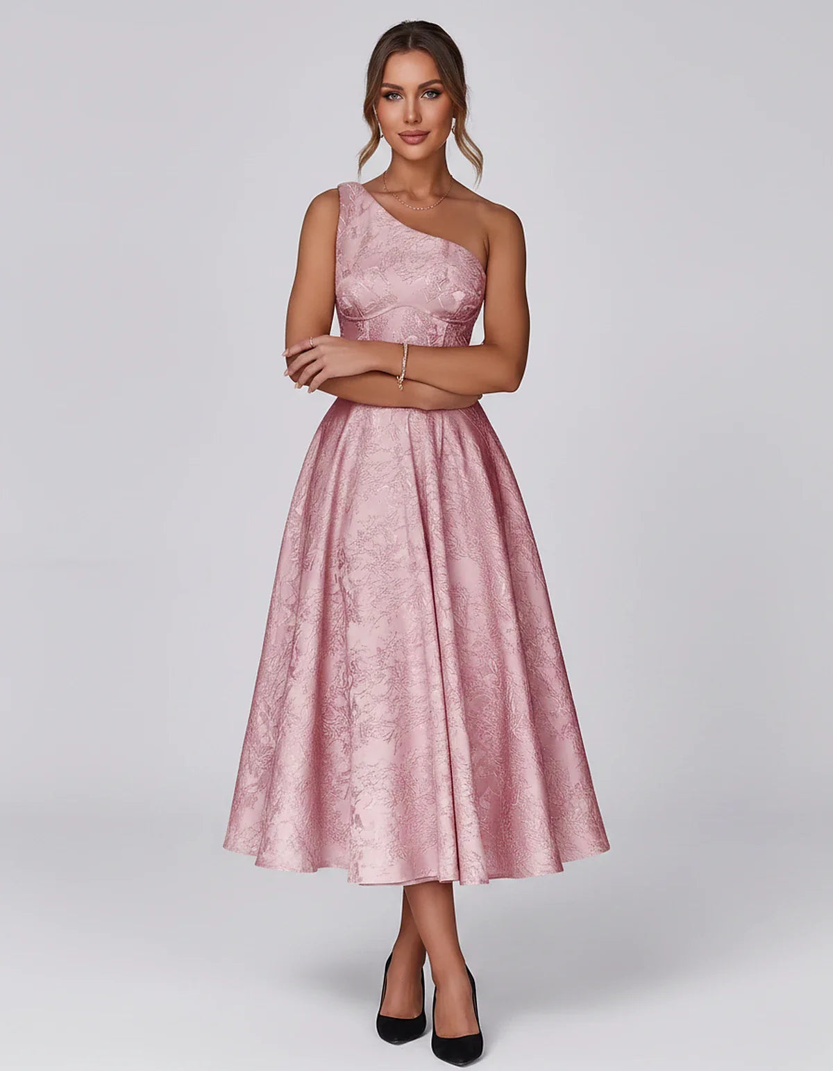 Jacquard Sleeveless One Shoulder A-Line Midi Dress for Party, Cocktail, Evening, Wedding Guest, Summer Formal Events and Cele | SKU: VD-847392615028471-BLUSH-L,VD-847392615028471-BLUSH-M,VD-847392615028471-BLUSH-S,VD-847392615028471-BLUSH-XL,VD-847392615028471-BLUSH-XS