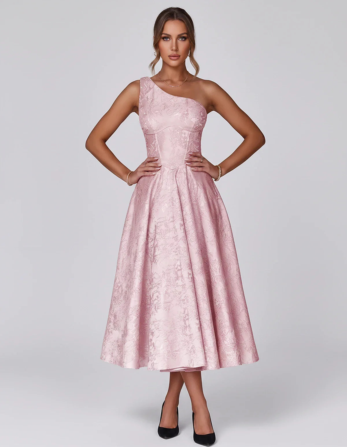 Jacquard Sleeveless One Shoulder A-Line Midi Dress for Party, Cocktail, Evening, Wedding Guest, Summer Formal Events and Cele | SKU: VD-847392615028471-PINK-L,VD-847392615028471-PINK-M,VD-847392615028471-PINK-S,VD-847392615028471-PINK-XL,VD-847392615028471-PINK-XS