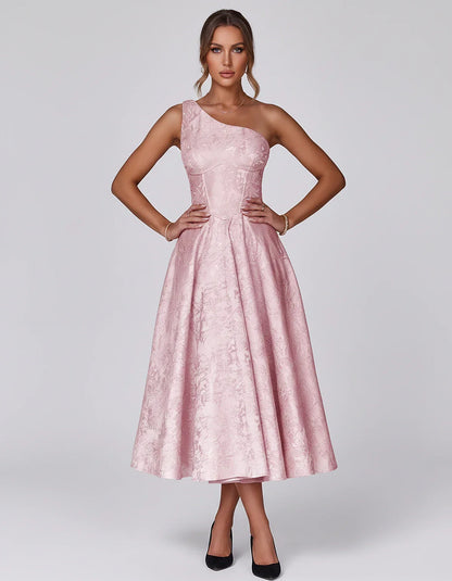 Jacquard Sleeveless One Shoulder A-Line Midi Dress for Party, Cocktail, Evening, Wedding Guest, Summer Formal Events and Cele | SKU: VD-847392615028471-PINK-L,VD-847392615028471-PINK-M,VD-847392615028471-PINK-S,VD-847392615028471-PINK-XL,VD-847392615028471-PINK-XS