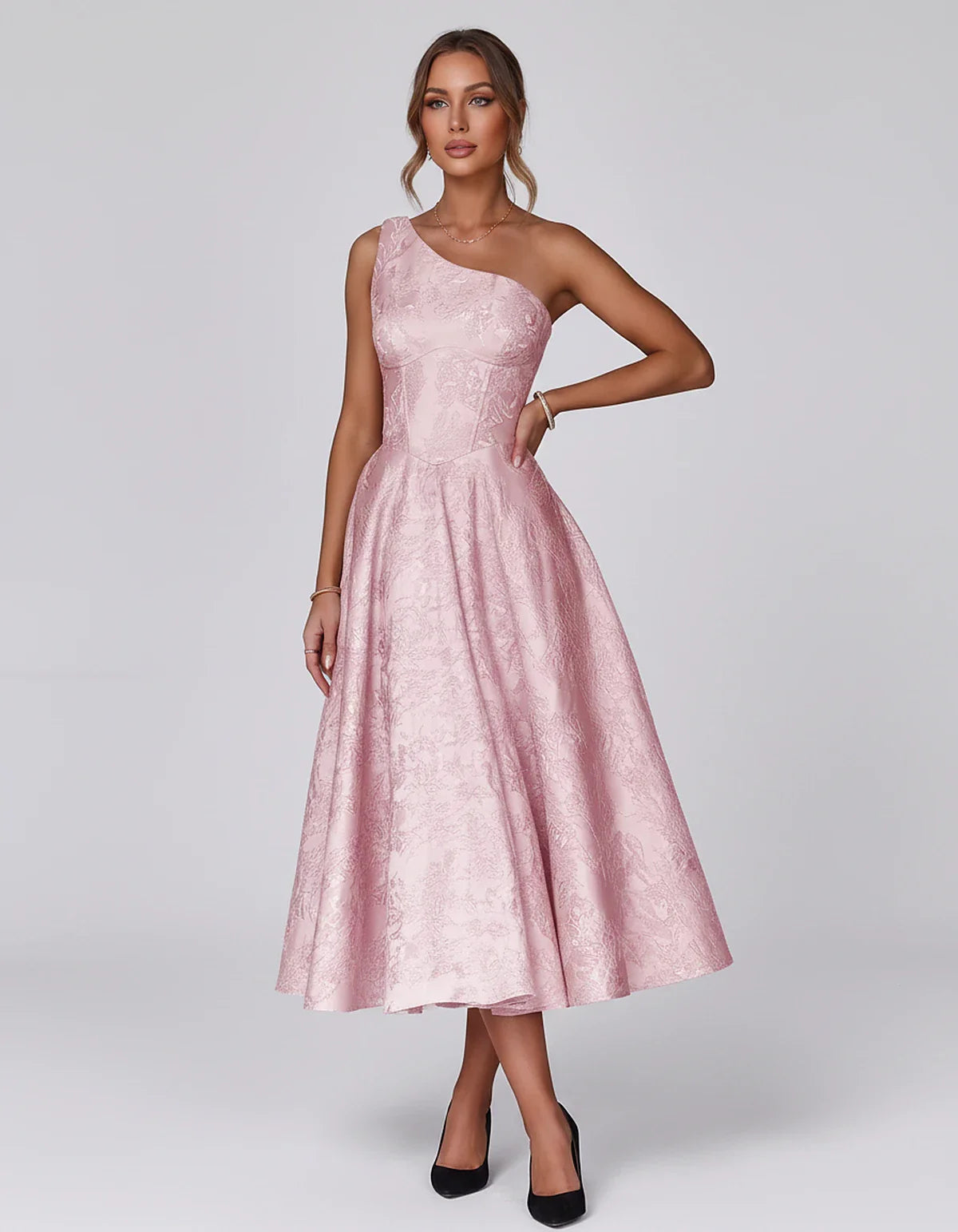 Jacquard Sleeveless One Shoulder A-Line Midi Dress for Party, Cocktail, Evening, Wedding Guest, Summer Formal Events and Cele | SKU: VD-847392615028471-PINK-L,VD-847392615028471-PINK-M,VD-847392615028471-PINK-S,VD-847392615028471-PINK-XL,VD-847392615028471-PINK-XS