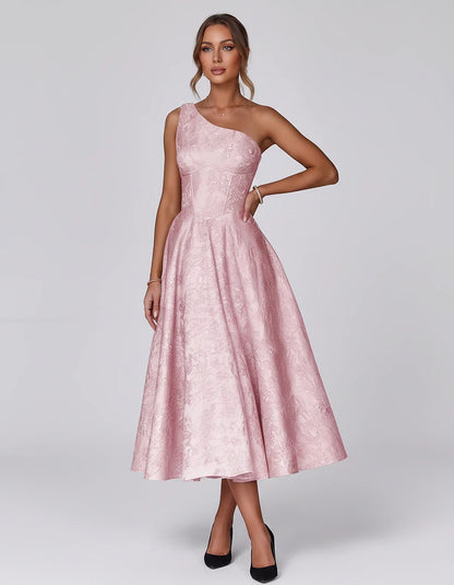 Jacquard Sleeveless One Shoulder A-Line Midi Dress for Party, Cocktail, Evening, Wedding Guest, Summer Formal Events and Cele | SKU: VD-847392615028471-PINK-L,VD-847392615028471-PINK-M,VD-847392615028471-PINK-S,VD-847392615028471-PINK-XL,VD-847392615028471-PINK-XS