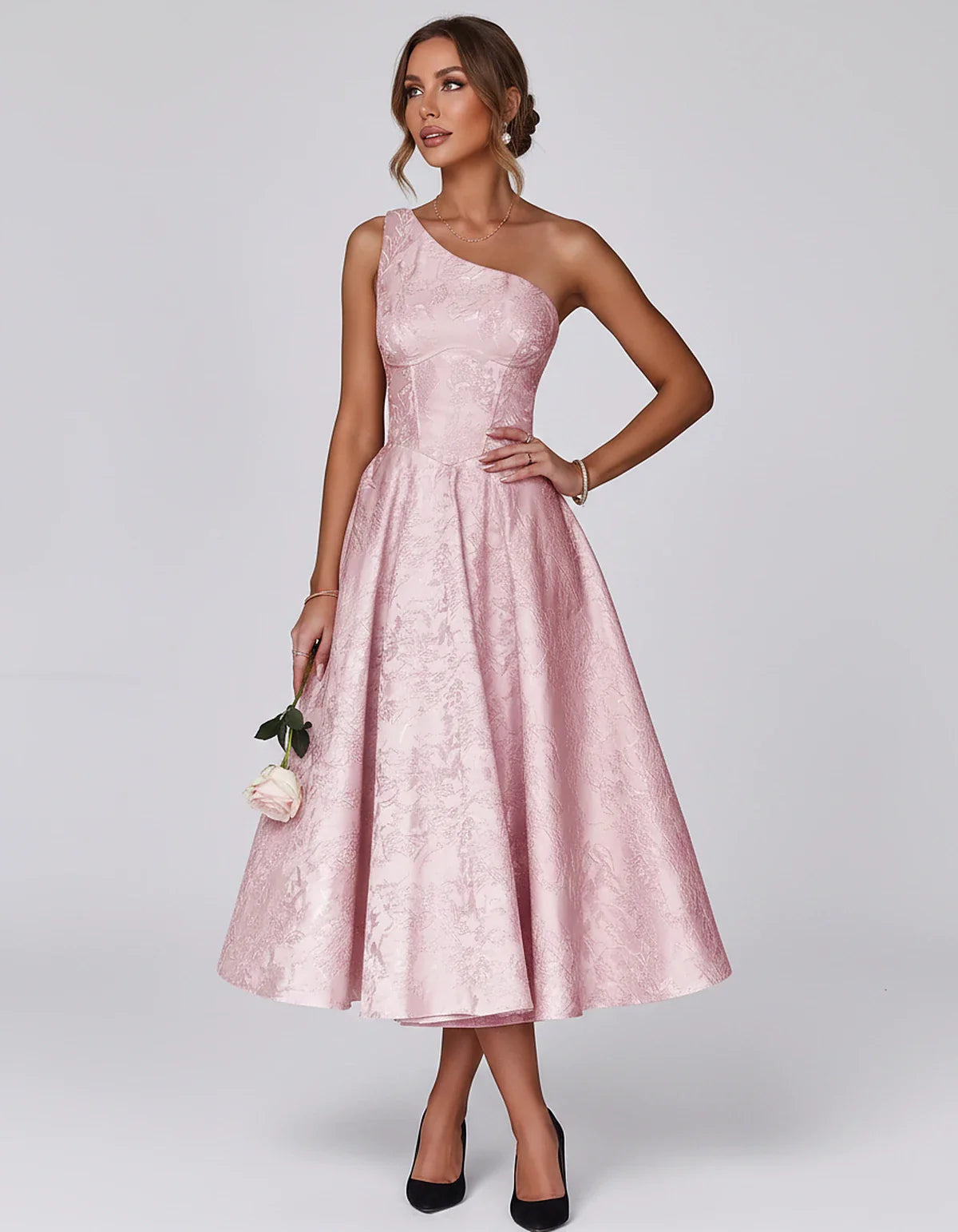 Jacquard Sleeveless One Shoulder A-Line Midi Dress for Party, Cocktail, Evening, Wedding Guest, Summer Formal Events and Cele | SKU: VD-847392615028471-PINK-L,VD-847392615028471-PINK-M,VD-847392615028471-PINK-S,VD-847392615028471-PINK-XL,VD-847392615028471-PINK-XS
