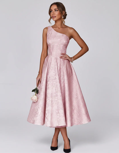 Jacquard Sleeveless One Shoulder A-Line Midi Dress for Party, Cocktail, Evening, Wedding Guest, Summer Formal Events and Cele | SKU: VD-847392615028471-PINK-L,VD-847392615028471-PINK-M,VD-847392615028471-PINK-S,VD-847392615028471-PINK-XL,VD-847392615028471-PINK-XS