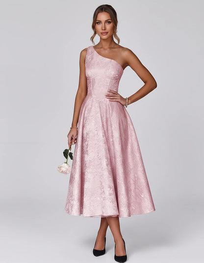 Jacquard Sleeveless One Shoulder A-Line Midi Dress for Party, Cocktail, Evening, Wedding Guest, Summer Formal Events and Cele | SKU: VD-847392615028471-PINK-L,VD-847392615028471-PINK-M,VD-847392615028471-PINK-S,VD-847392615028471-PINK-XL,VD-847392615028471-PINK-XS