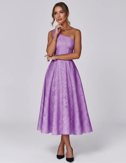 Jacquard Sleeveless One Shoulder A-Line Midi Dress for Party, Cocktail, Evening, Wedding Guest, Summer Formal Events and Cele | SKU: VD-847392615028471-PURPLE-L,VD-847392615028471-PURPLE-M,VD-847392615028471-PURPLE-S,VD-847392615028471-PURPLE-XL,VD-847392615028471-PURPLE-XS