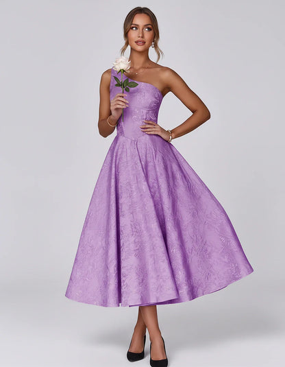 Jacquard Sleeveless One Shoulder A-Line Midi Dress for Party, Cocktail, Evening, Wedding Guest, Summer Formal Events and Cele | SKU: VD-847392615028471-PURPLE-L,VD-847392615028471-PURPLE-M,VD-847392615028471-PURPLE-S,VD-847392615028471-PURPLE-XL,VD-847392615028471-PURPLE-XS