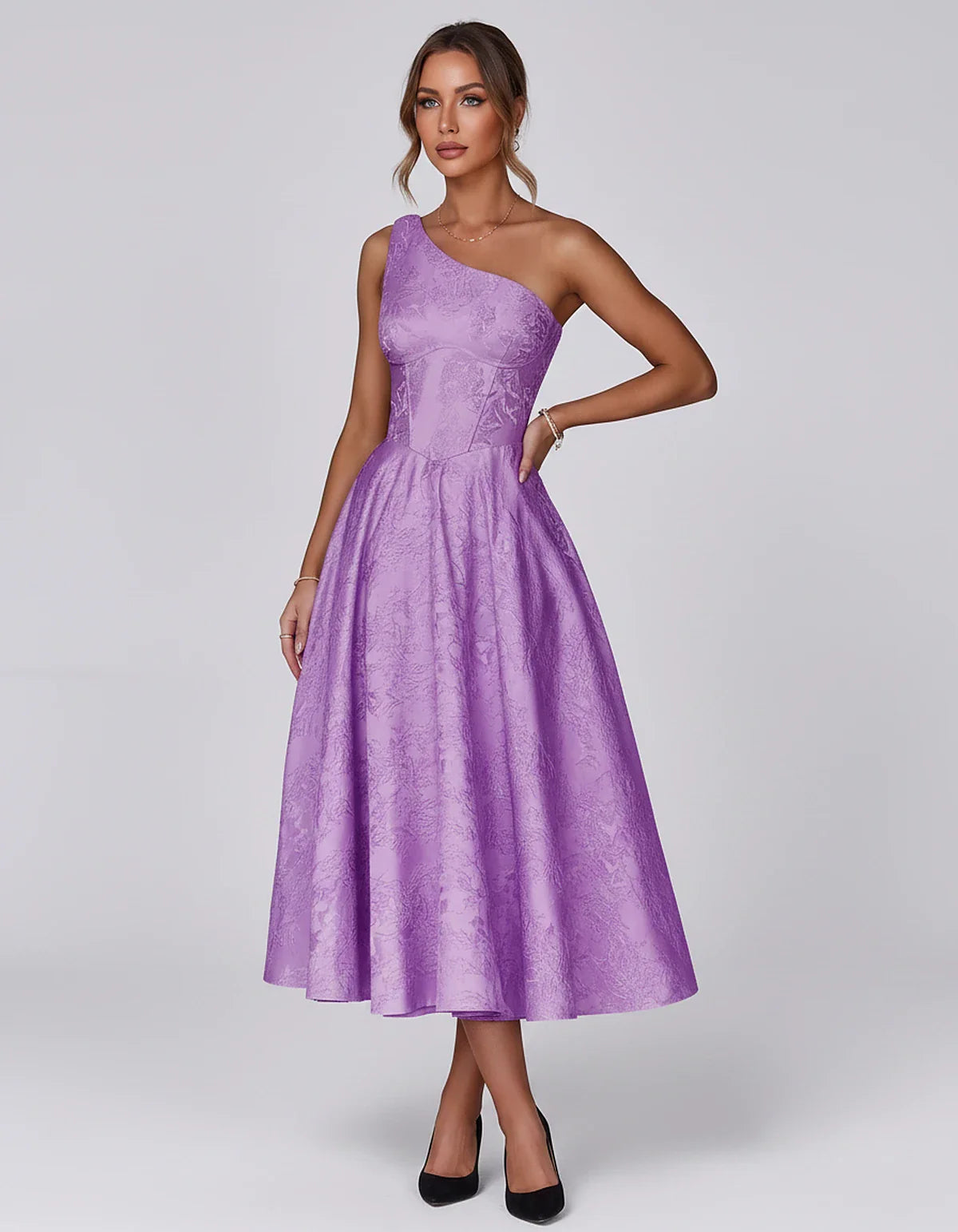 Jacquard Sleeveless One Shoulder A-Line Midi Dress for Party, Cocktail, Evening, Wedding Guest, Summer Formal Events and Cele | SKU: VD-847392615028471-PURPLE-L,VD-847392615028471-PURPLE-M,VD-847392615028471-PURPLE-S,VD-847392615028471-PURPLE-XL,VD-847392615028471-PURPLE-XS