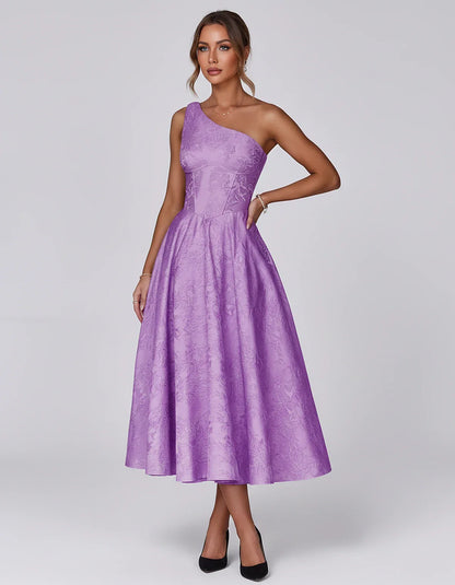Jacquard Sleeveless One Shoulder A-Line Midi Dress for Party, Cocktail, Evening, Wedding Guest, Summer Formal Events and Cele | SKU: VD-847392615028471-PURPLE-L,VD-847392615028471-PURPLE-M,VD-847392615028471-PURPLE-S,VD-847392615028471-PURPLE-XL,VD-847392615028471-PURPLE-XS