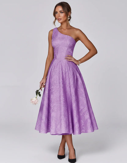 Jacquard Sleeveless One Shoulder A-Line Midi Dress for Party, Cocktail, Evening, Wedding Guest, Summer Formal Events and Cele | SKU: VD-847392615028471-PURPLE-L,VD-847392615028471-PURPLE-M,VD-847392615028471-PURPLE-S,VD-847392615028471-PURPLE-XL,VD-847392615028471-PURPLE-XS