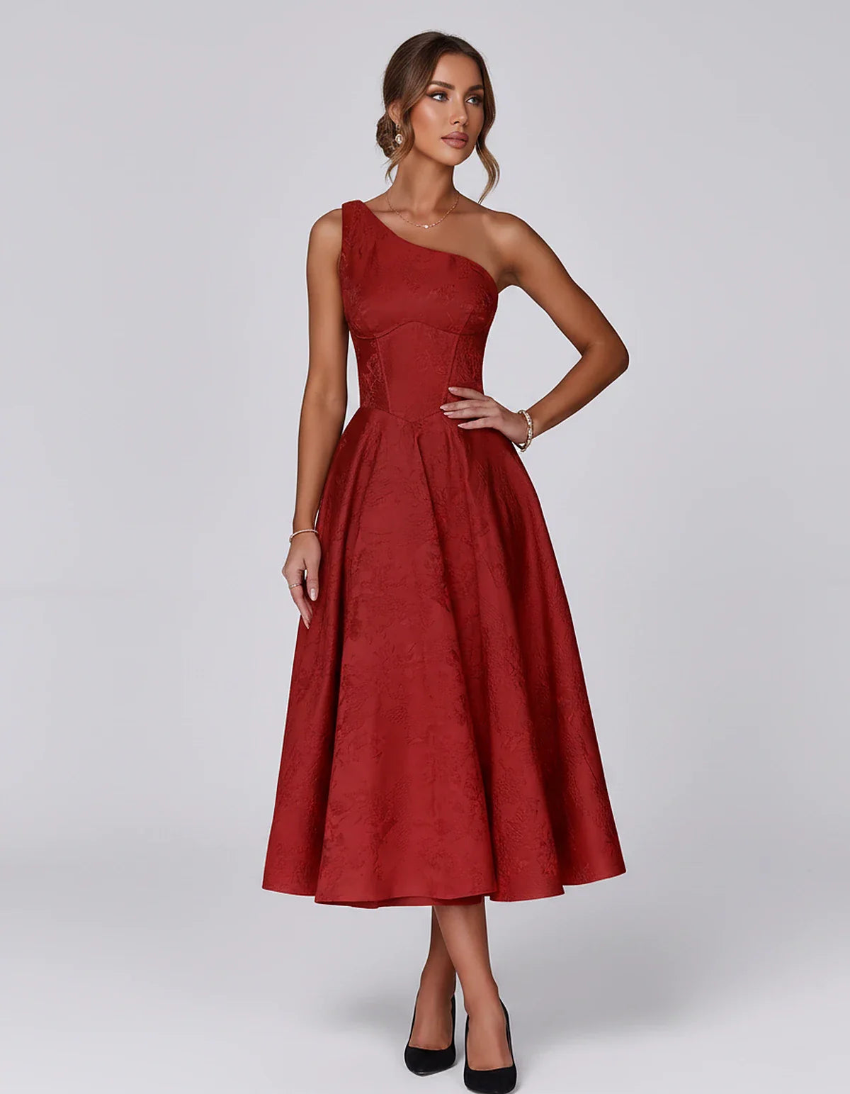 Jacquard Sleeveless One Shoulder A-Line Midi Dress for Party, Cocktail, Evening, Wedding Guest, Summer Formal Events and Cele | SKU: VD-847392615028471-RED-L,VD-847392615028471-RED-M,VD-847392615028471-RED-S,VD-847392615028471-RED-XL,VD-847392615028471-RED-XS