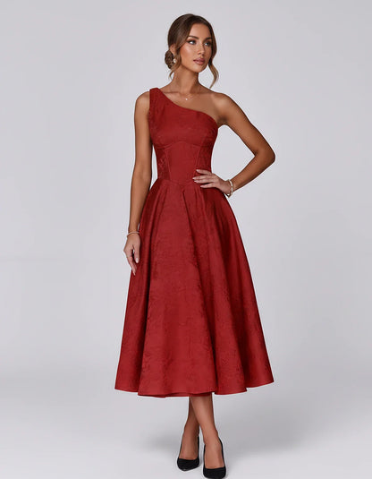 Jacquard Sleeveless One Shoulder A-Line Midi Dress for Party, Cocktail, Evening, Wedding Guest, Summer Formal Events and Cele | SKU: VD-847392615028471-RED-L,VD-847392615028471-RED-M,VD-847392615028471-RED-S,VD-847392615028471-RED-XL,VD-847392615028471-RED-XS
