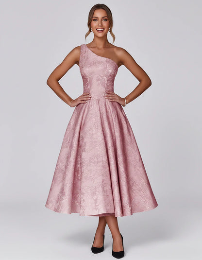 Jacquard Sleeveless One Shoulder A-Line Midi Dress for Party, Cocktail, Evening, Wedding Guest, Summer Formal Events and Cele | SKU: VD-847392615028471-BLUSH-L,VD-847392615028471-BLUSH-M,VD-847392615028471-BLUSH-S,VD-847392615028471-BLUSH-XL,VD-847392615028471-BLUSH-XS