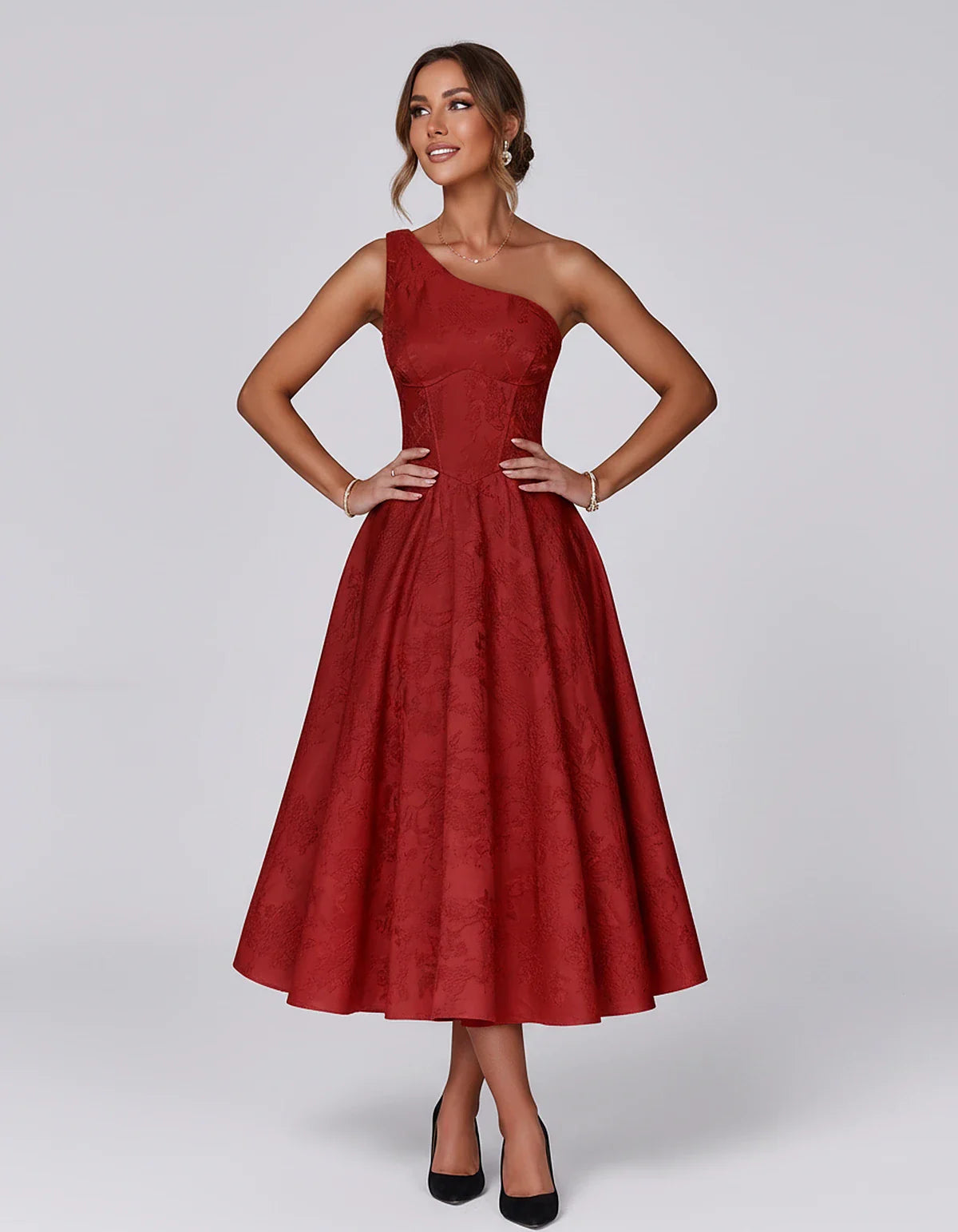 Jacquard Sleeveless One Shoulder A-Line Midi Dress for Party, Cocktail, Evening, Wedding Guest, Summer Formal Events and Cele | SKU: VD-847392615028471-RED-L,VD-847392615028471-RED-M,VD-847392615028471-RED-S,VD-847392615028471-RED-XL,VD-847392615028471-RED-XS