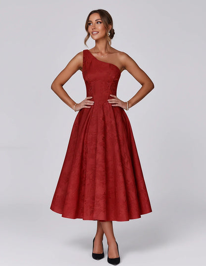 Jacquard Sleeveless One Shoulder A-Line Midi Dress for Party, Cocktail, Evening, Wedding Guest, Summer Formal Events and Cele | SKU: VD-847392615028471-RED-L,VD-847392615028471-RED-M,VD-847392615028471-RED-S,VD-847392615028471-RED-XL,VD-847392615028471-RED-XS