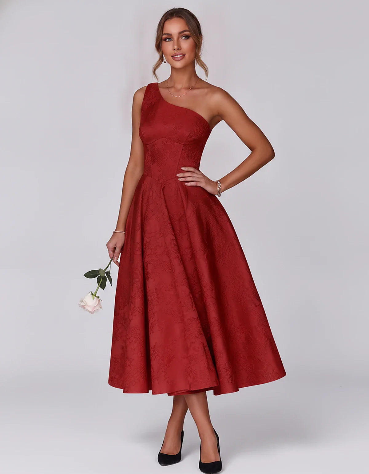 Jacquard Sleeveless One Shoulder A-Line Midi Dress for Party, Cocktail, Evening, Wedding Guest, Summer Formal Events and Cele | SKU: VD-847392615028471-RED-L,VD-847392615028471-RED-M,VD-847392615028471-RED-S,VD-847392615028471-RED-XL,VD-847392615028471-RED-XS