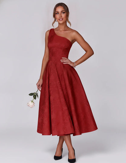 Jacquard Sleeveless One Shoulder A-Line Midi Dress for Party, Cocktail, Evening, Wedding Guest, Summer Formal Events and Cele | SKU: VD-847392615028471-RED-L,VD-847392615028471-RED-M,VD-847392615028471-RED-S,VD-847392615028471-RED-XL,VD-847392615028471-RED-XS
