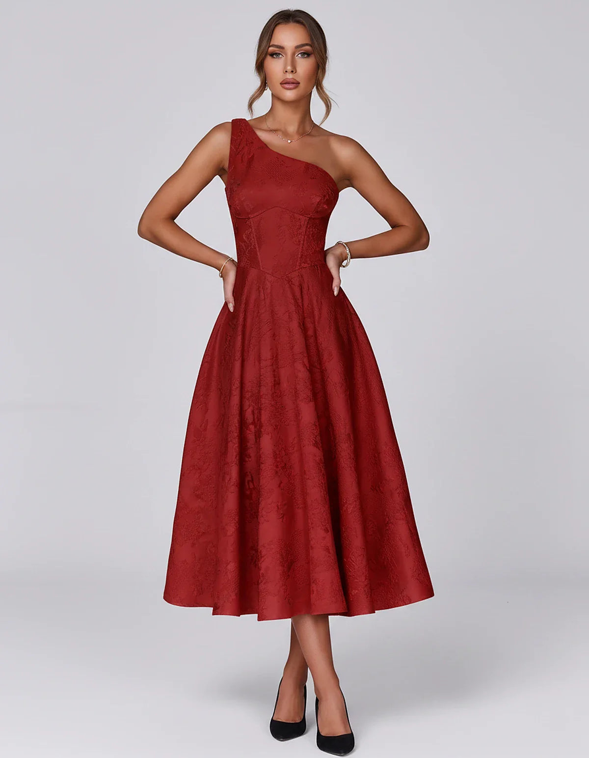 Jacquard Sleeveless One Shoulder A-Line Midi Dress for Party, Cocktail, Evening, Wedding Guest, Summer Formal Events and Cele | SKU: VD-847392615028471-RED-L,VD-847392615028471-RED-M,VD-847392615028471-RED-S,VD-847392615028471-RED-XL,VD-847392615028471-RED-XS