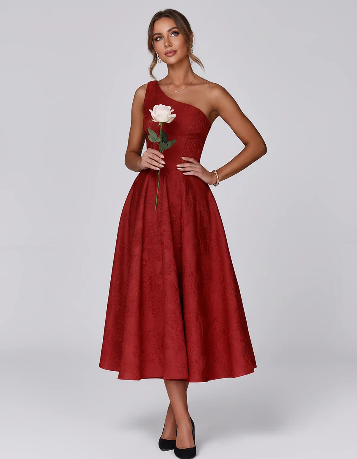 Jacquard Sleeveless One Shoulder A-Line Midi Dress for Party, Cocktail, Evening, Wedding Guest, Summer Formal Events and Cele | SKU: VD-847392615028471-RED-L,VD-847392615028471-RED-M,VD-847392615028471-RED-S,VD-847392615028471-RED-XL,VD-847392615028471-RED-XS