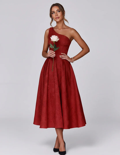 Jacquard Sleeveless One Shoulder A-Line Midi Dress for Party, Cocktail, Evening, Wedding Guest, Summer Formal Events and Cele | SKU: VD-847392615028471-RED-L,VD-847392615028471-RED-M,VD-847392615028471-RED-S,VD-847392615028471-RED-XL,VD-847392615028471-RED-XS