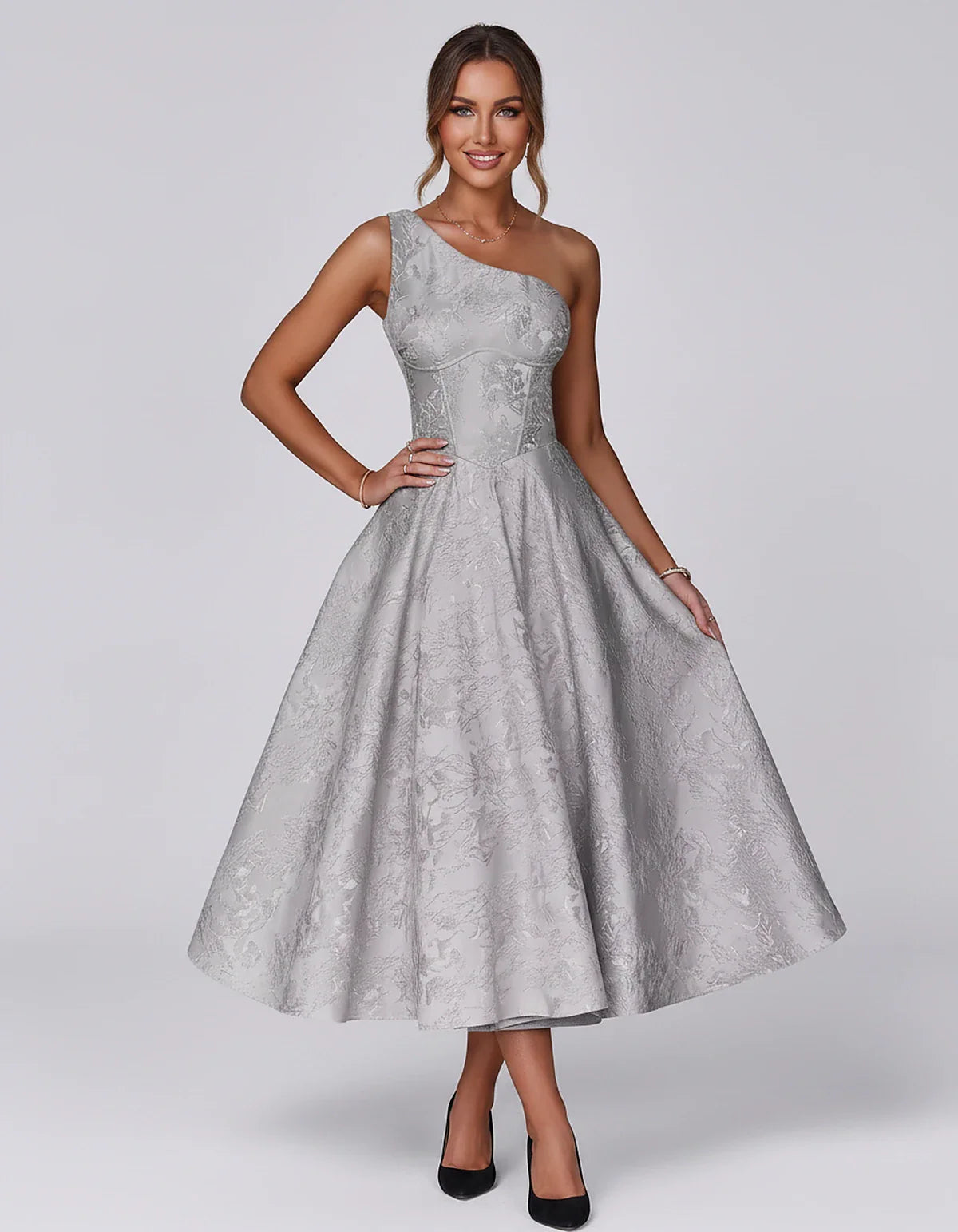 Jacquard Sleeveless One Shoulder A-Line Midi Dress for Party, Cocktail, Evening, Wedding Guest, Summer Formal Events and Cele | SKU: VD-847392615028471-SILVER-L,VD-847392615028471-SILVER-M,VD-847392615028471-SILVER-S,VD-847392615028471-SILVER-XL,VD-847392615028471-SILVER-XS