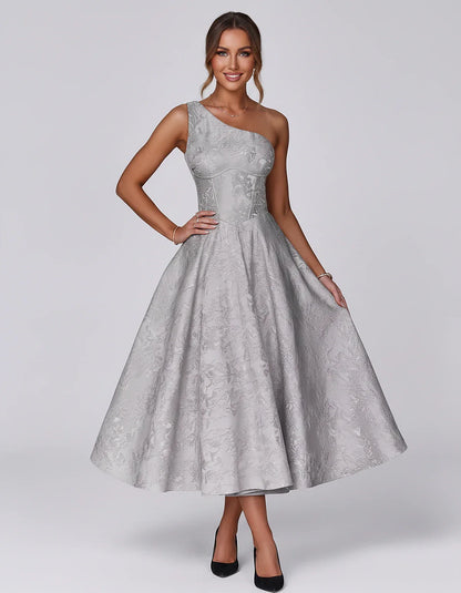 Jacquard Sleeveless One Shoulder A-Line Midi Dress for Party, Cocktail, Evening, Wedding Guest, Summer Formal Events and Cele | SKU: VD-847392615028471-SILVER-L,VD-847392615028471-SILVER-M,VD-847392615028471-SILVER-S,VD-847392615028471-SILVER-XL,VD-847392615028471-SILVER-XS