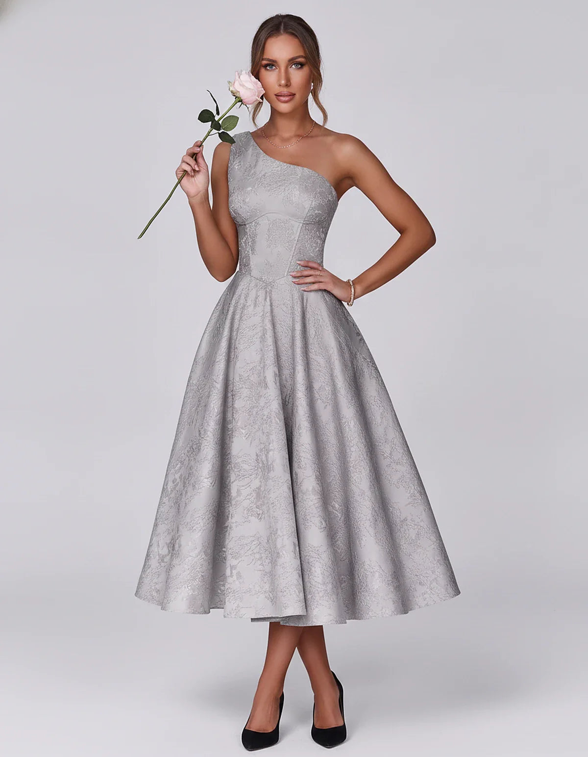 Jacquard Sleeveless One Shoulder A-Line Midi Dress for Party, Cocktail, Evening, Wedding Guest, Summer Formal Events and Cele | SKU: VD-847392615028471-SILVER-L,VD-847392615028471-SILVER-M,VD-847392615028471-SILVER-S,VD-847392615028471-SILVER-XL,VD-847392615028471-SILVER-XS
