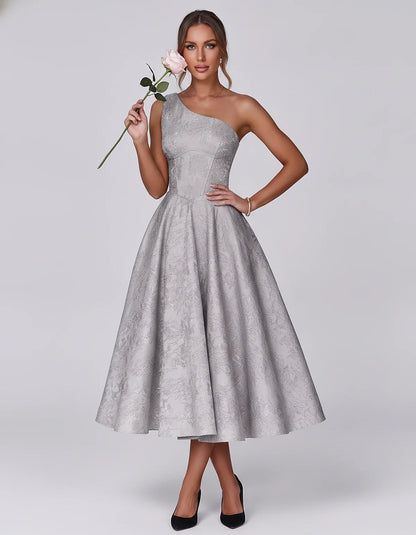 Jacquard Sleeveless One Shoulder A-Line Midi Dress for Party, Cocktail, Evening, Wedding Guest, Summer Formal Events and Cele | SKU: VD-847392615028471-SILVER-L,VD-847392615028471-SILVER-M,VD-847392615028471-SILVER-S,VD-847392615028471-SILVER-XL,VD-847392615028471-SILVER-XS